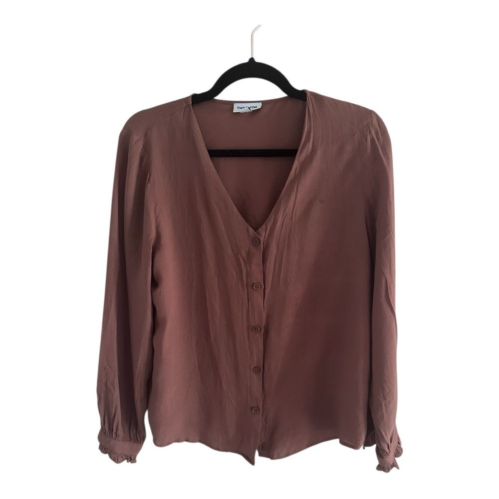 Frank and Oak Rust Textured Satin Long Sleeve Blouse – M